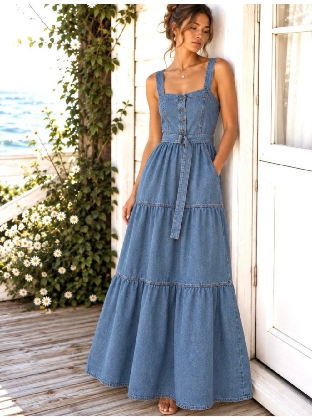 Anthropologie Blue Denim Tiered Maxi Dress with Belt